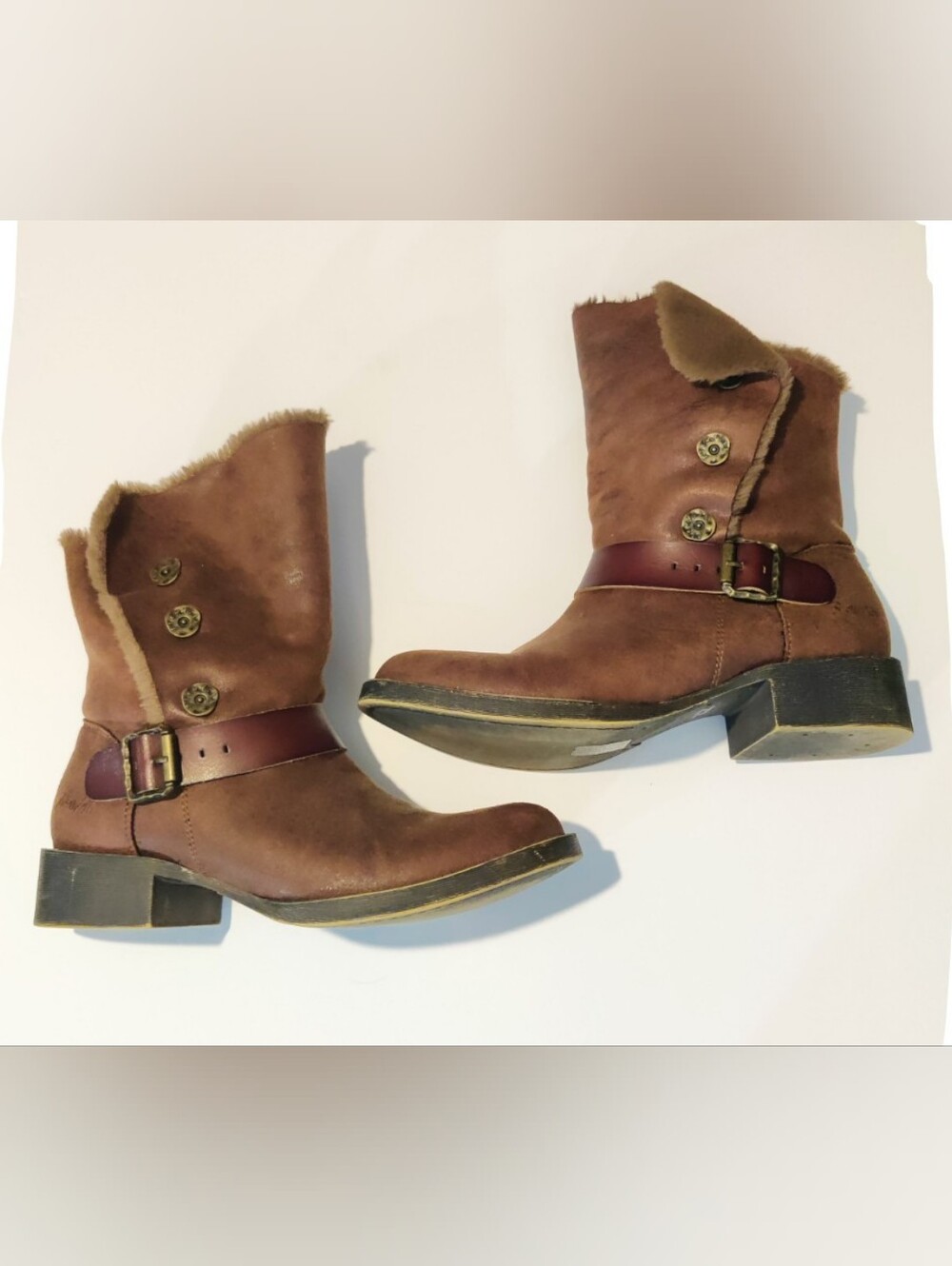 Blowfish Distressed Suede/Faux Fur Boots, 7.5, Brown, EUC